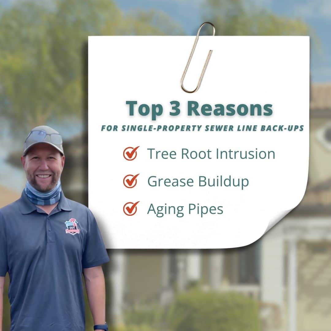 Graphic listing tree root intrusion, grease buildup, and aging pipes as the top three causes of single-property sewer backups.