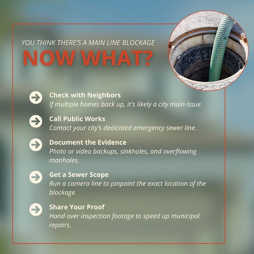 Infographic outlining five action steps to take when dealing with a suspected main sewer line blockage.