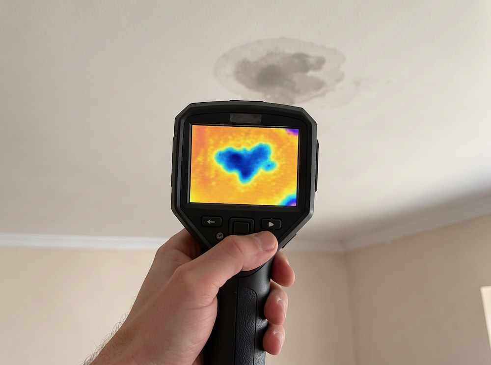 Thermal imaging camera aimed at a ceiling water stain, with the screen showing a cool blue area of hidden moisture