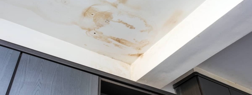 Large brown water stains and moisture damage spreading across a white ceiling above dark wooden cabinets.