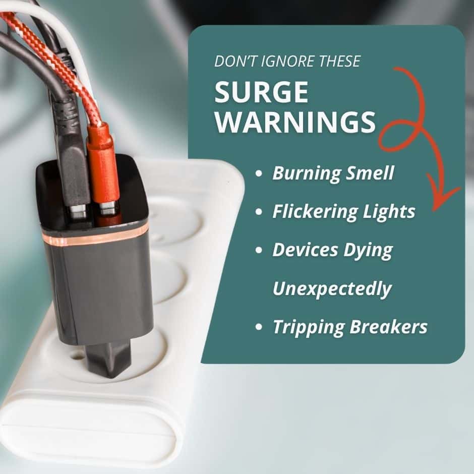 Infographic listing power surge warnings: burning smell, flickering lights, devices dying unexpectedly, and tripping breakers.