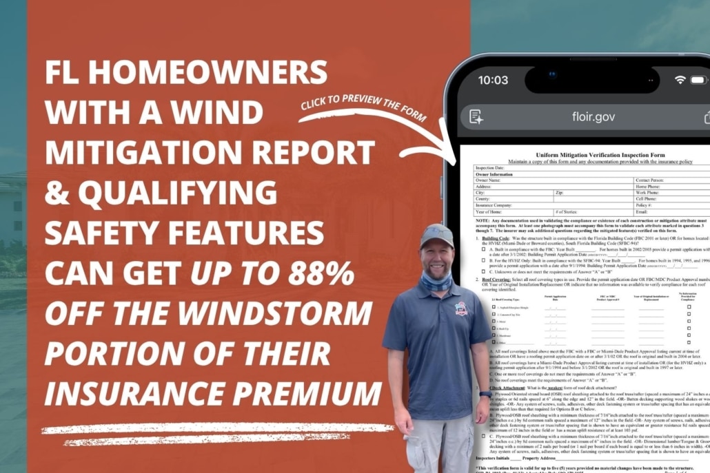 A licensed Florida property inspector next to a preview of the OIR-B1-1802 form, detailing what is a wind mitigation inspection and potential premium discounts.