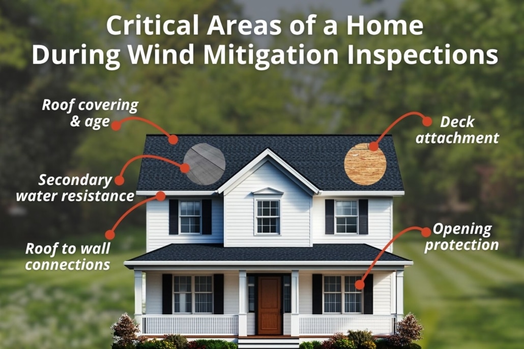 An informational graphic explaining what is a wind mitigation inspection by highlighting key structural areas like roof-to-wall connections and deck attachments on a home.