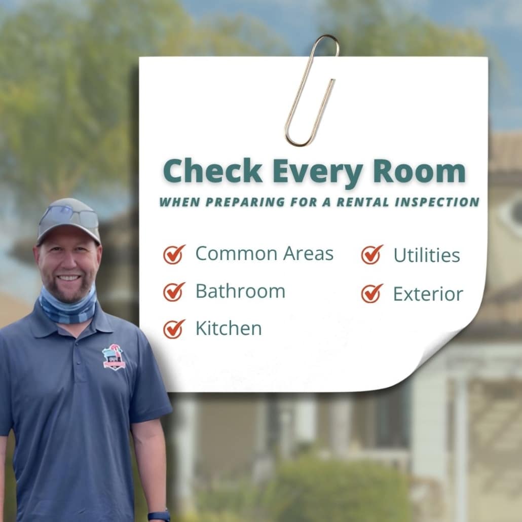 An informational graphic featuring a smiling inspector next to a checklist note titled "Check Every Room" that details key rental inspection focus areas like common areas, kitchen, and utilities.