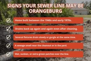 Five signs your sewer line may be Orangeburg pipe, including a home built between the 1940s and early 1970s and repeated drain backups