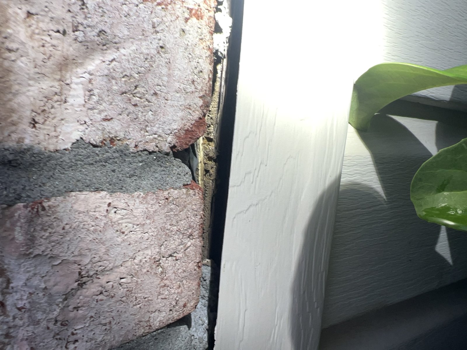 Close-up of the gap where brick meets vinyl siding, letting water behind the wall
